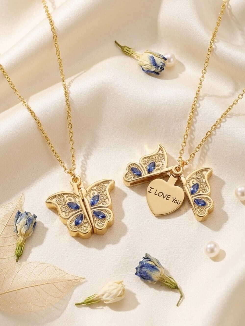 Gold Tone Butterfly Locket Necklace Romantic Hidden I Love You Message